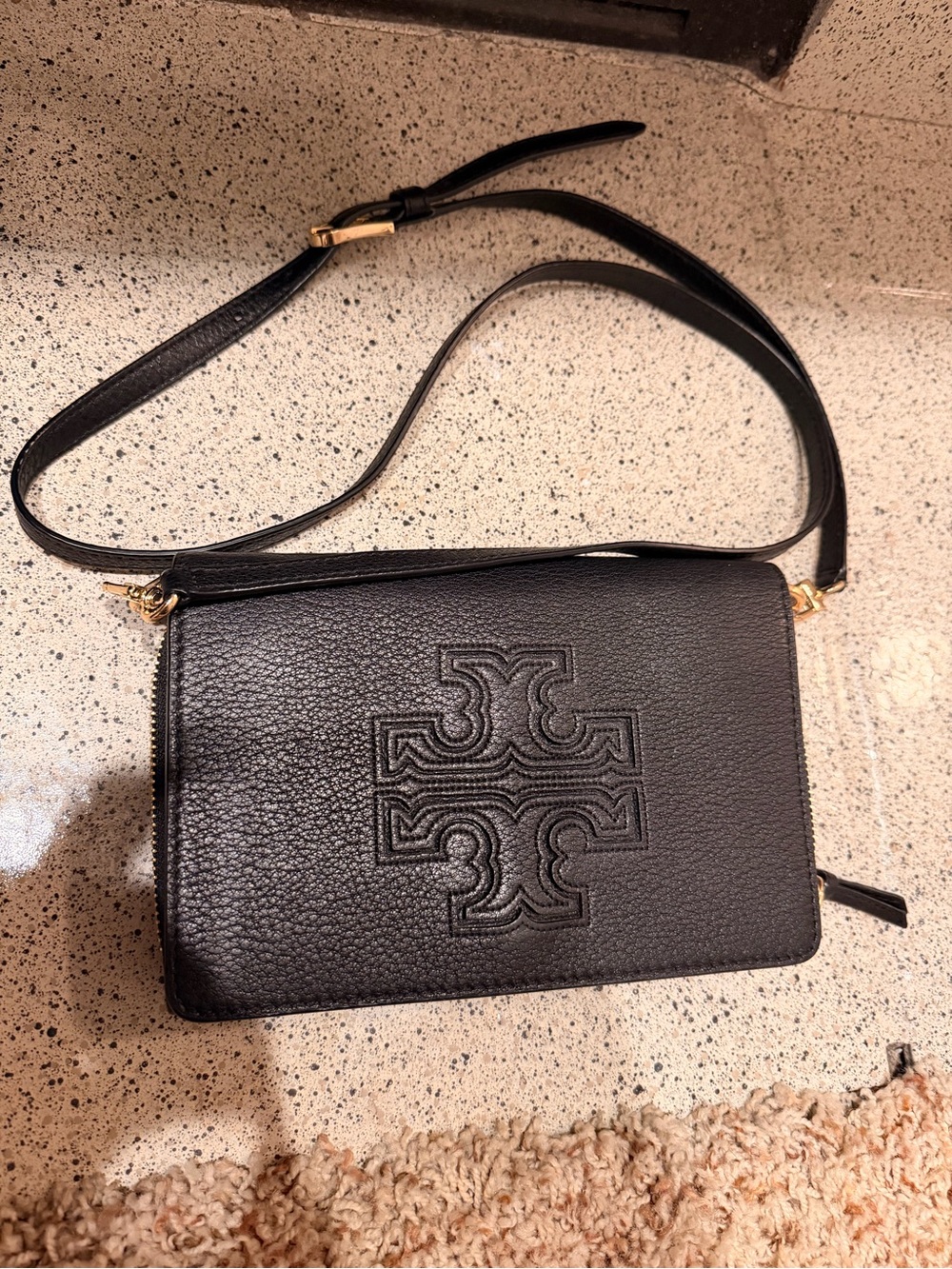 Tory Burch Black Pebbled Leather Crossbody with Embossed Logo